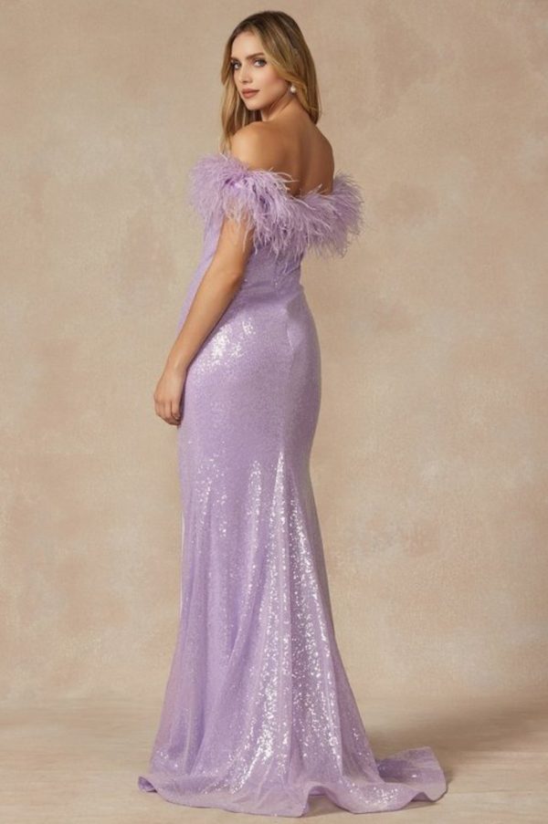 FEATHER NECKLINE OFF THE SHOULDER AND HIGH SLIT PROM GOWN - Image 2