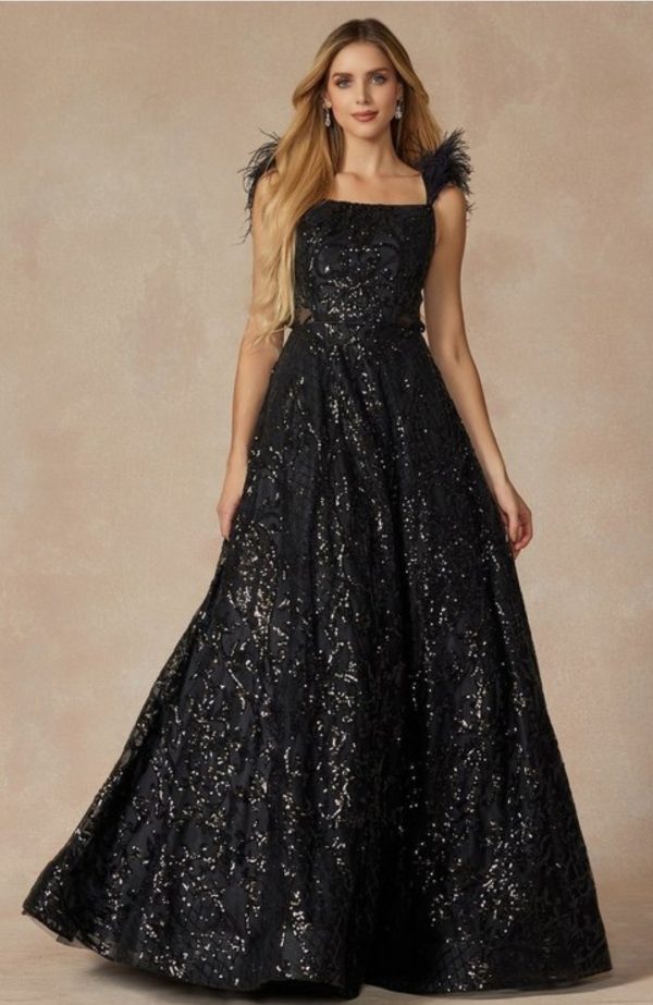 FEATHERED CAP SLEEVE PATTERNED SEQUIN PROM GOWN