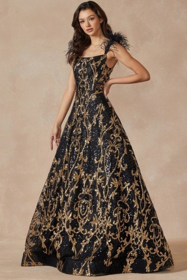 FEATHERED CAP SLEEVE PATTERNED SEQUIN PROM GOWN - Image 2