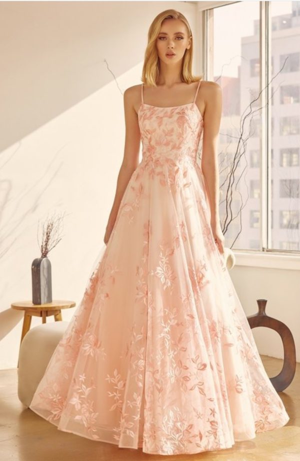 SLEEVELESS EMBROIDERED LACE A- LINE GOWN