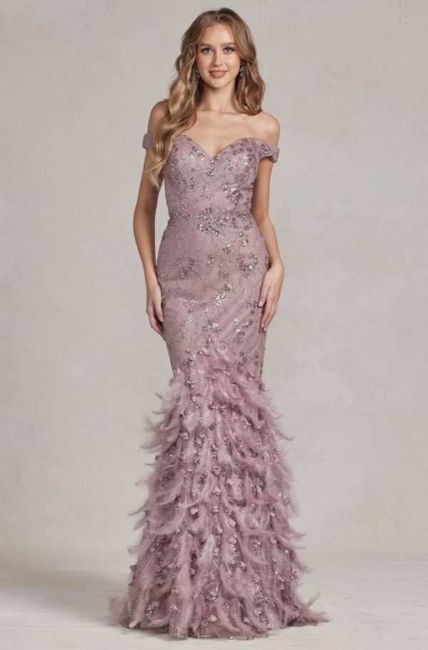 OFF THE SHOULDER FEATHERED SKIRT EVENING DRESS