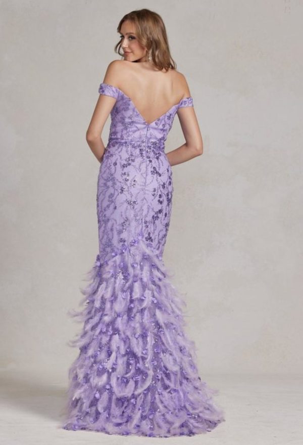 OFF THE SHOULDER FEATHERED SKIRT EVENING DRESS - Image 2