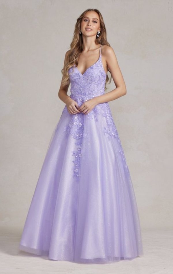 Lilac Tulle Embroidered Tulle Skirt Ball Gown with Backless Detail