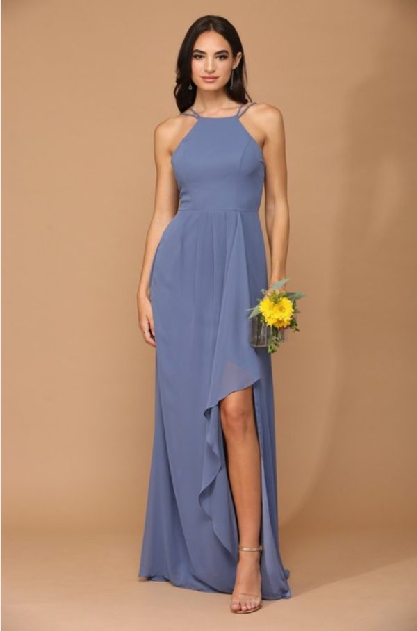 Halter neckline chiffon gown with ruffle details and front slit