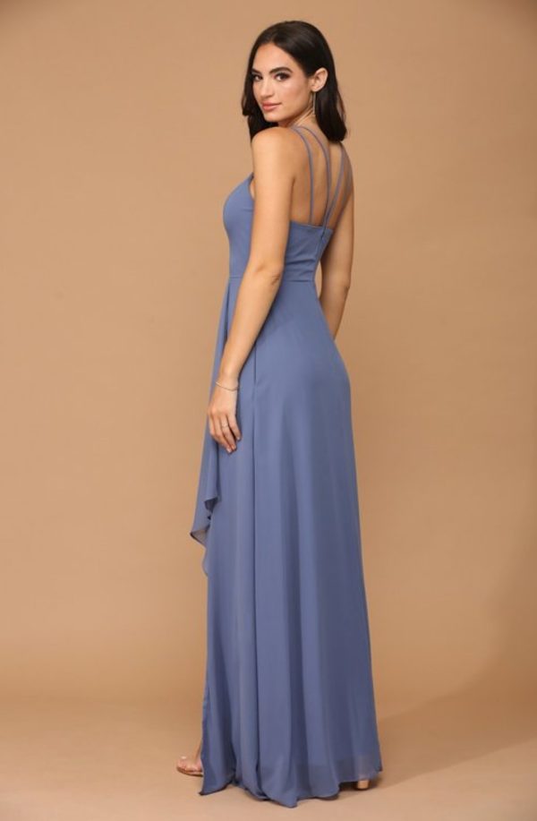 Halter neckline chiffon gown with ruffle details and front slit - Image 2