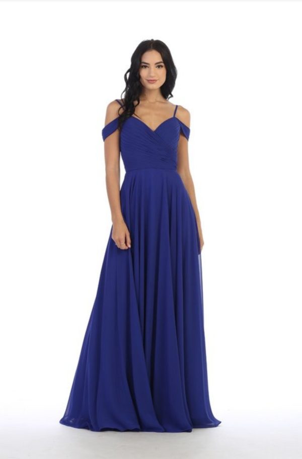 A-line off shoulder chiffon gown with pleated details on bodice