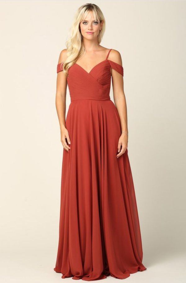 A-line off shoulder chiffon gown with pleated details on bodice - Image 6