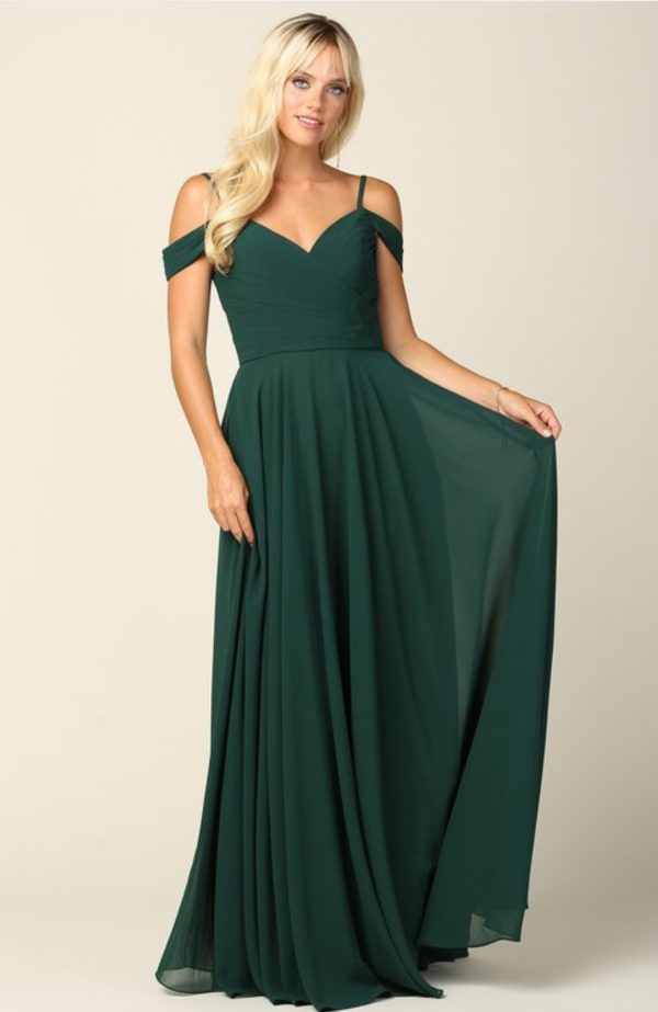 A-line off shoulder chiffon gown with pleated details on bodice - Image 7