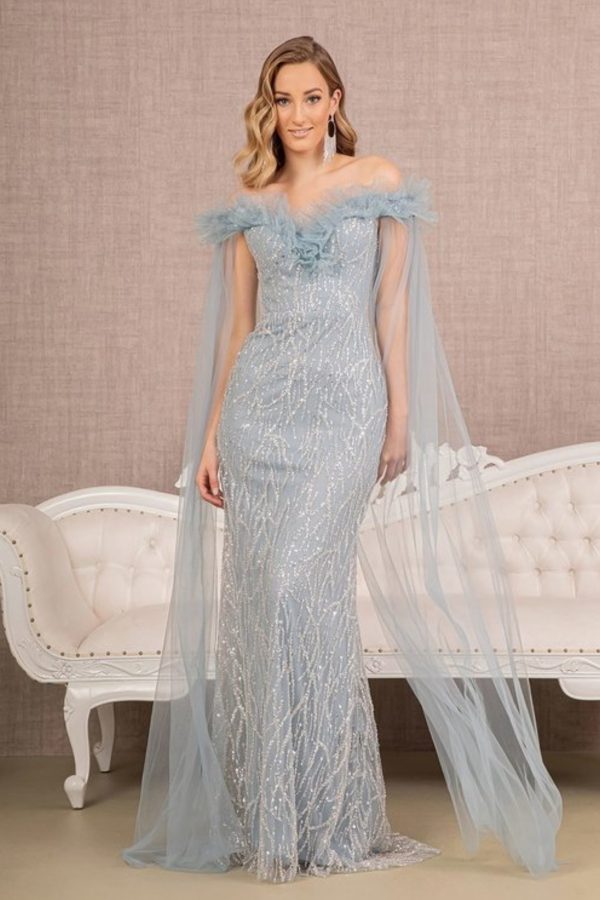 Sequin Bead Strapless Mesh Mermaid Dress Side Long Mesh Layer