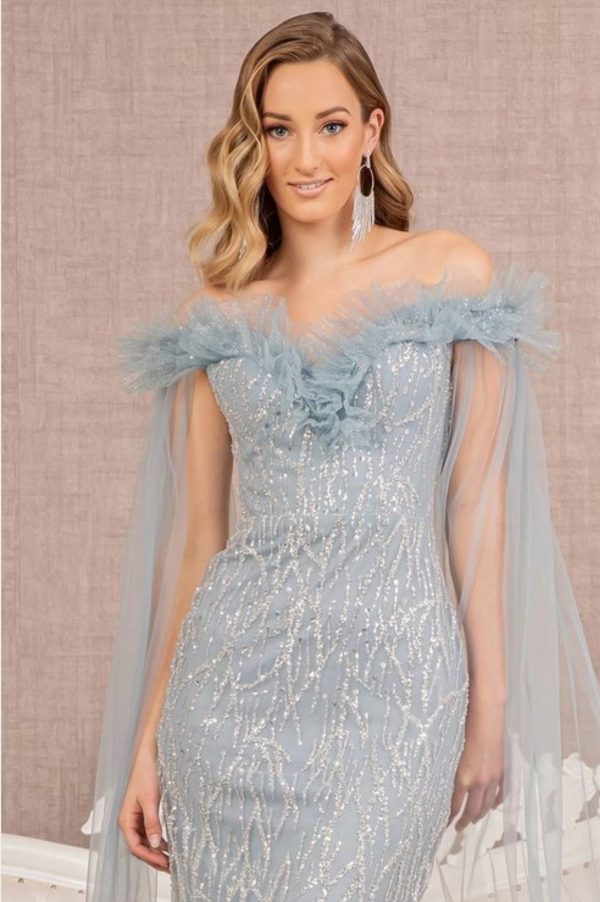 Sequin Bead Strapless Mesh Mermaid Dress Side Long Mesh Layer - Image 2