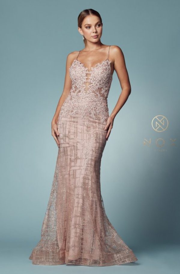 GLITTERYDEEP V-NECK BODICE WITH FLOOR LENGTH TRUMPET SKIRT DRESS