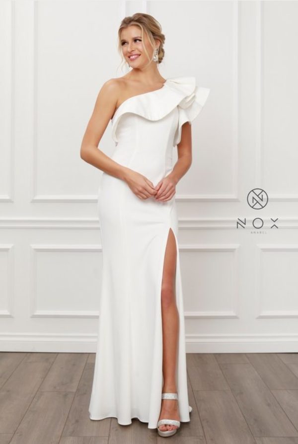 ONE SHOULDER RUFFLE OVERLAY TRUMPET LONG GOWN