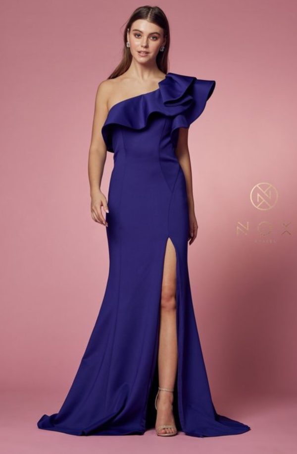 ONE SHOULDER RUFFLE OVERLAY TRUMPET LONG GOWN - Image 3