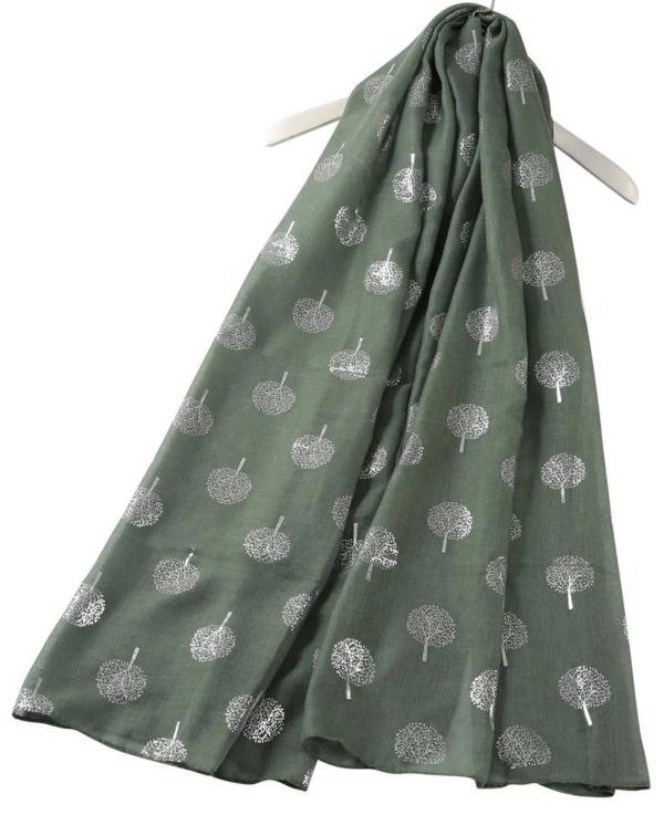 Army Green Silver Tree Print Scarf