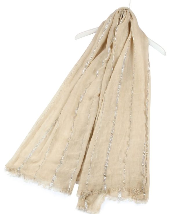 Beige Plain Metallic Stripe Scarf