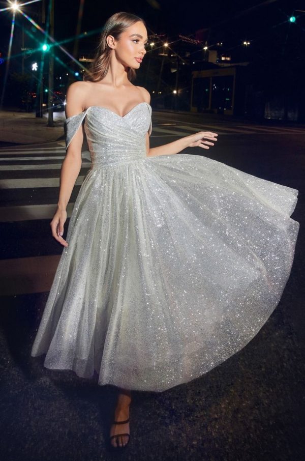 OFF THE SHOULDER GLITTER TEA LENGTH DRESS