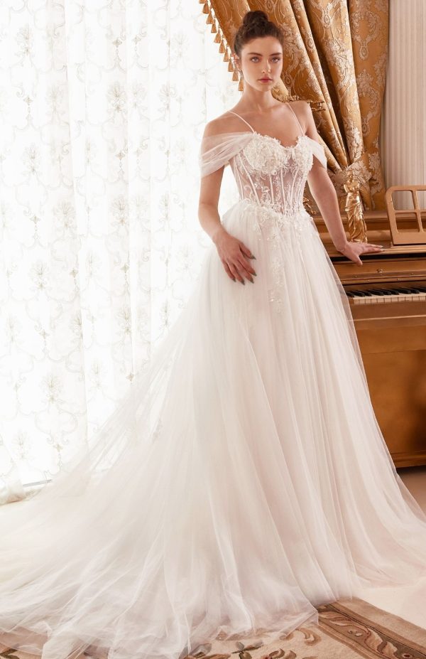 LAYERED TULLE A-LINE BRIDAL GOWN WITH CORSET BODICE