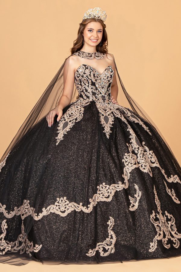 GL3078 Elizabeth K Glitter Jewel Embellished Quinceanera Gown w/ Long Mesh Cape - Image 11