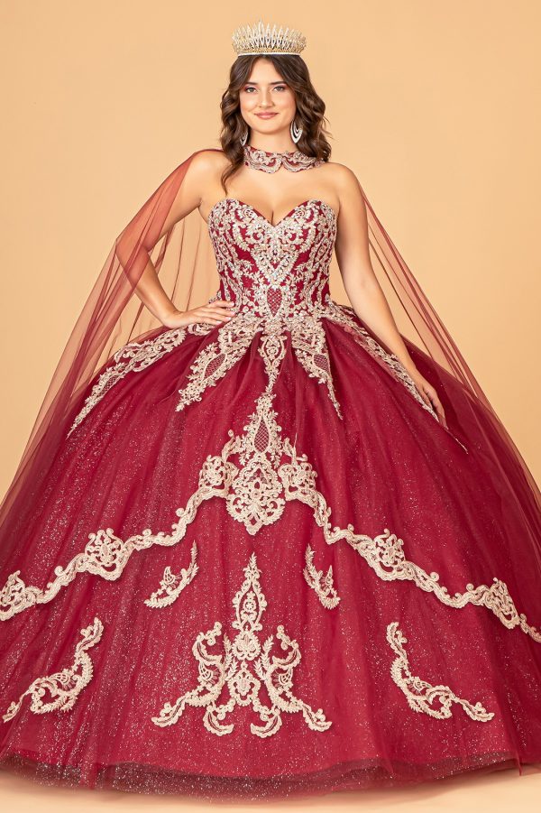 GL3078 Elizabeth K Glitter Jewel Embellished Quinceanera Gown w/ Long Mesh Cape - Image 9