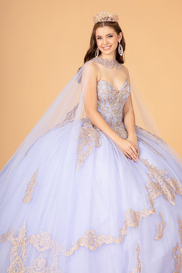 GL3078 Elizabeth K Glitter Jewel Embellished Quinceanera Gown w/ Long Mesh Cape - Image 4