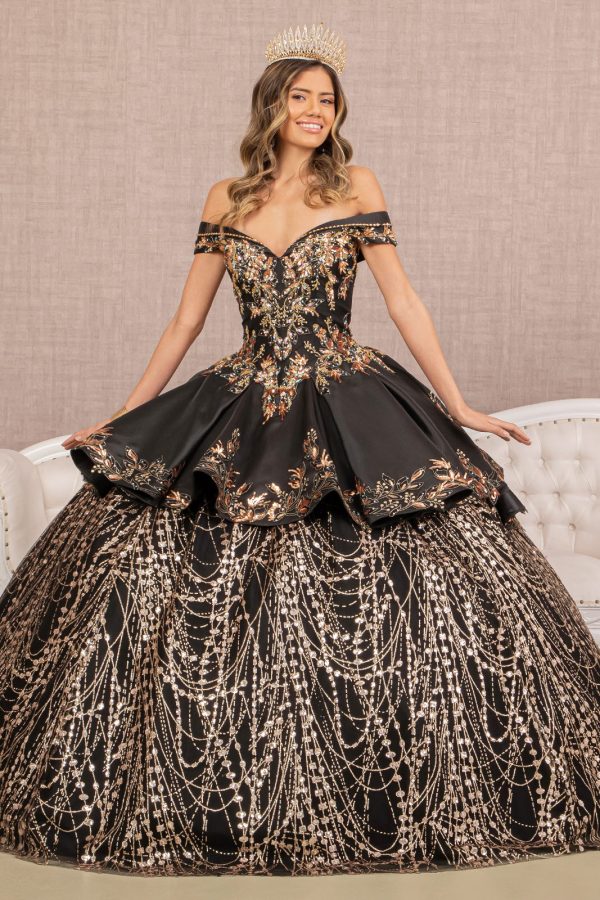 GL3098 Elizabeth K Off Shoulder Satin Quinceanera Ball Gown Embellished with Gold Embroidery - Image 2