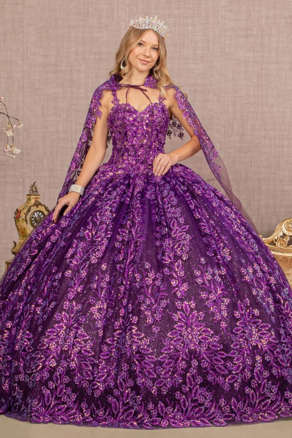 GL3170 Elizabeth K 3-D Flower Sweetheart Glitter Mesh Ball Gown w/ Long Mesh Cape