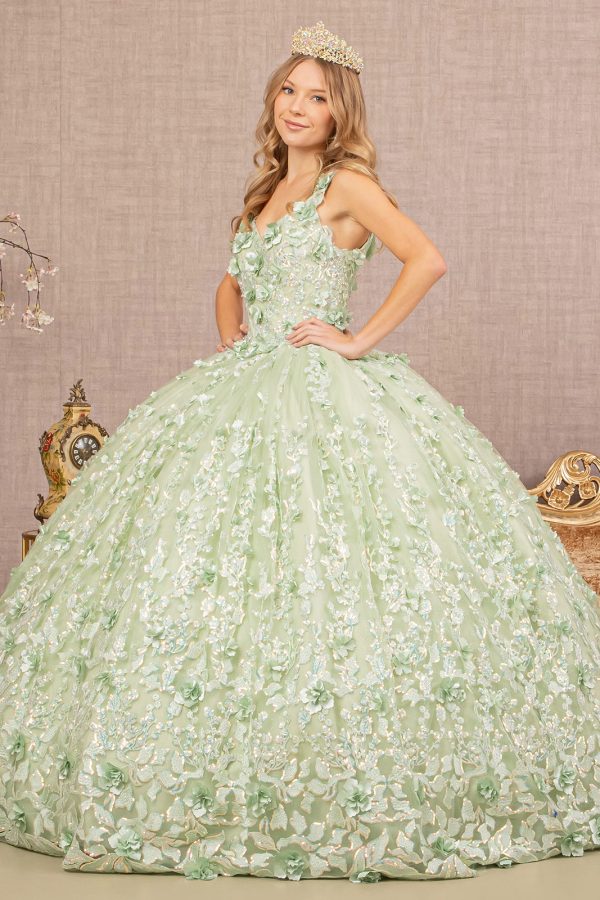 GL3099 Elizabeth K 3-D Flower Applique Mesh Quinceanera Ball Gown with Side Mesh Drapes