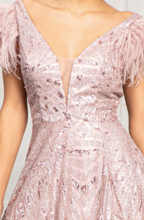 Feather-Shoulder Embellished A-line Dress w/ Open V-back - Image 4