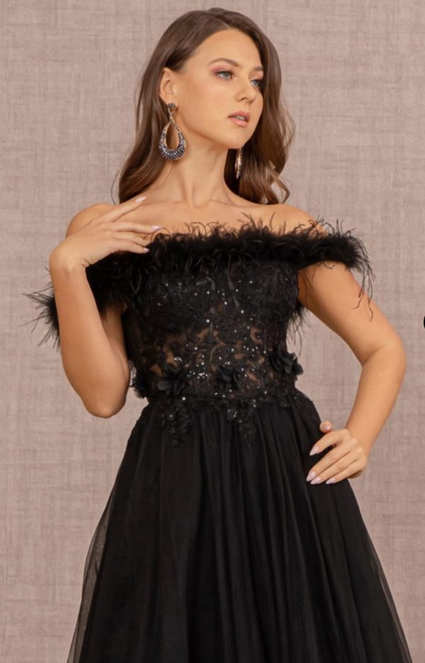 Embroidery Sheer Front Mesh A-line Dress w/ Feather Embellishment - Image 4