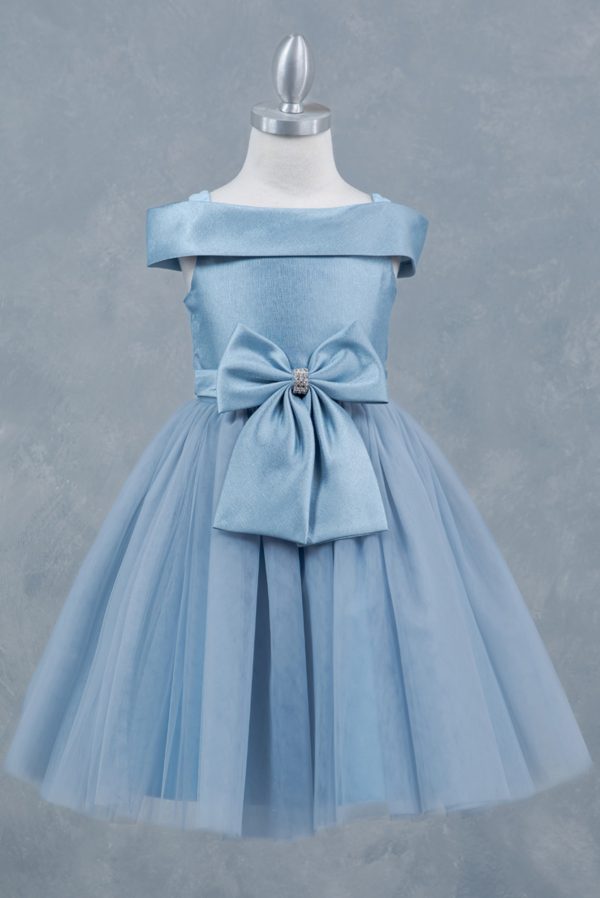 Dusty Blue Off Shoulder Bow With Rhinestone - Image 3