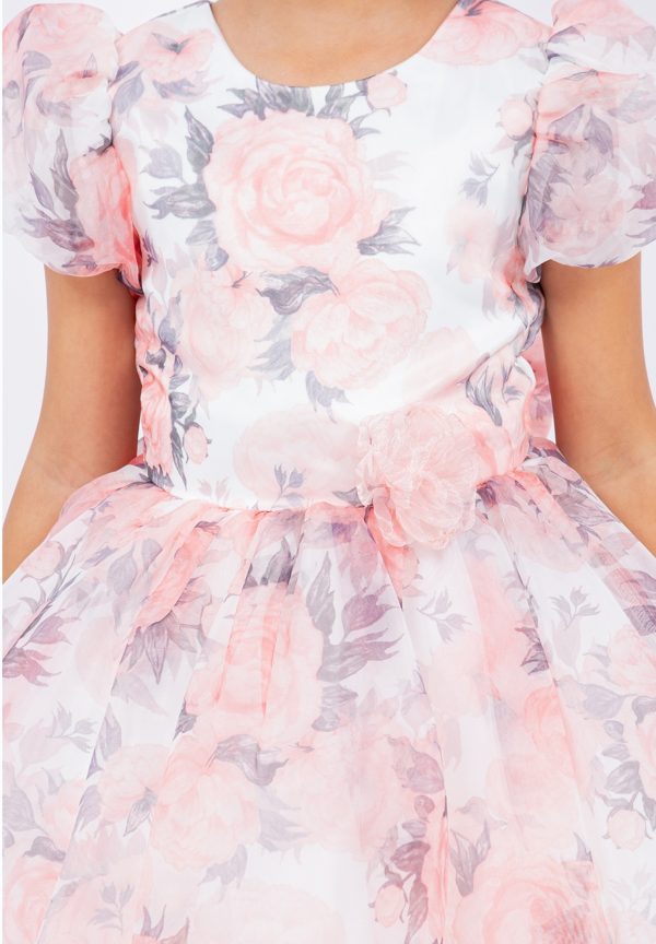 Peach Big Puff Sleeve Print Dress - Image 3