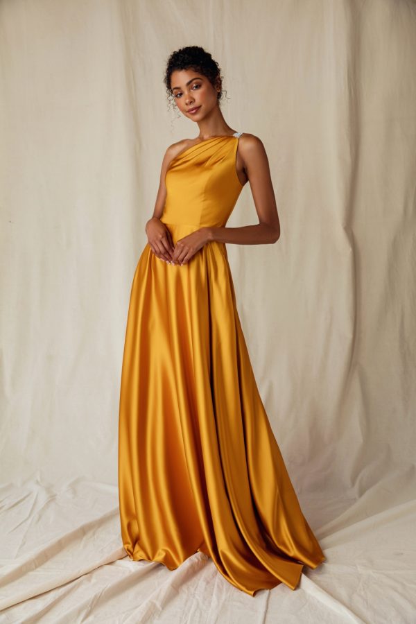 One shoulder evening floor length gown