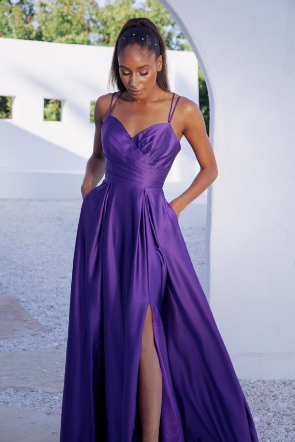 Satin dress with a pleated bodice,and open corset back.