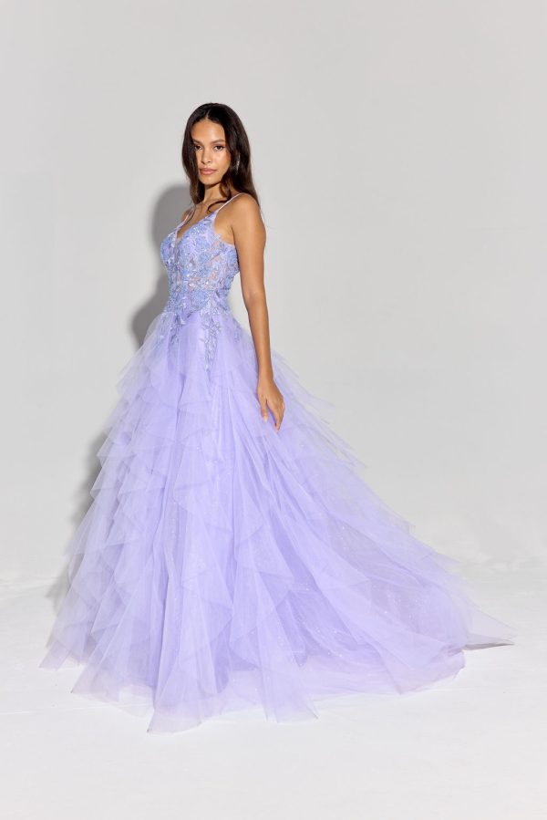 Floor length, glitter mesh ruffle ball gown