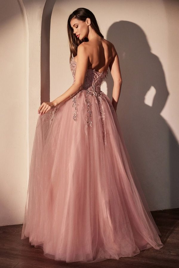 STRAPLESS PINK BALL GOWN WITH FLORAL APPLIQUE - Image 3