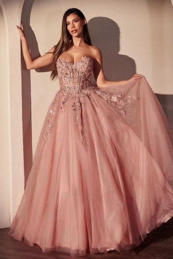 STRAPLESS PINK BALL GOWN WITH FLORAL APPLIQUE