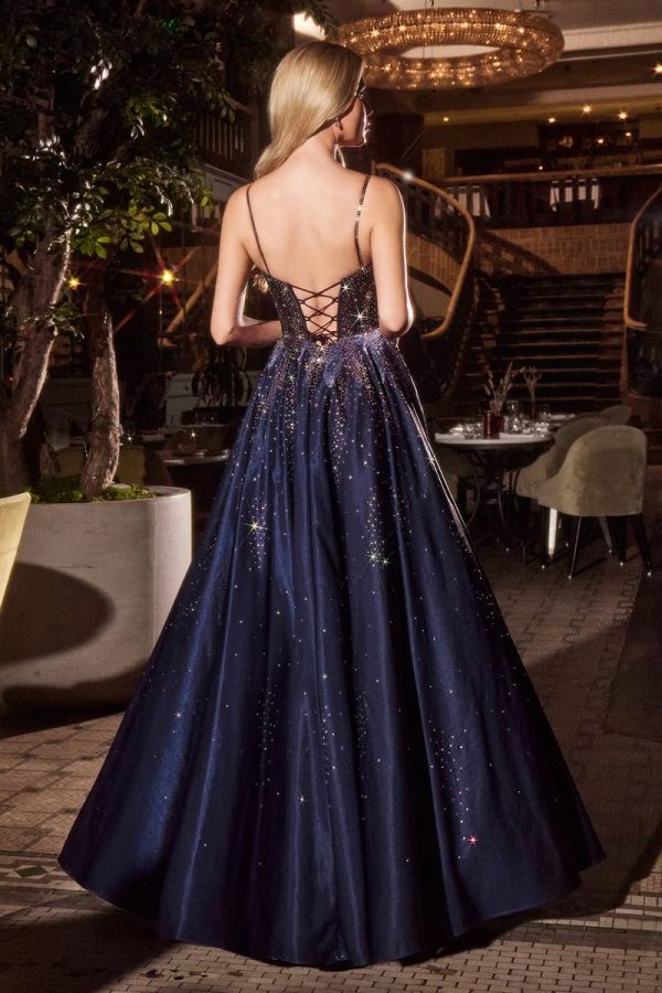 NAVY SATIN BALL GOWN WITH STAR DETAILING - Image 4