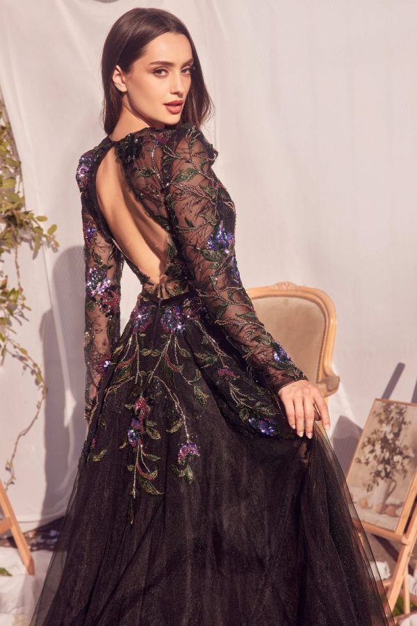 LONG SLEEVE BLACK EMBELLISHED BALL GOWN - Image 6