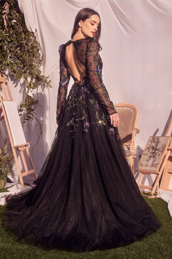 LONG SLEEVE BLACK EMBELLISHED BALL GOWN - Image 4