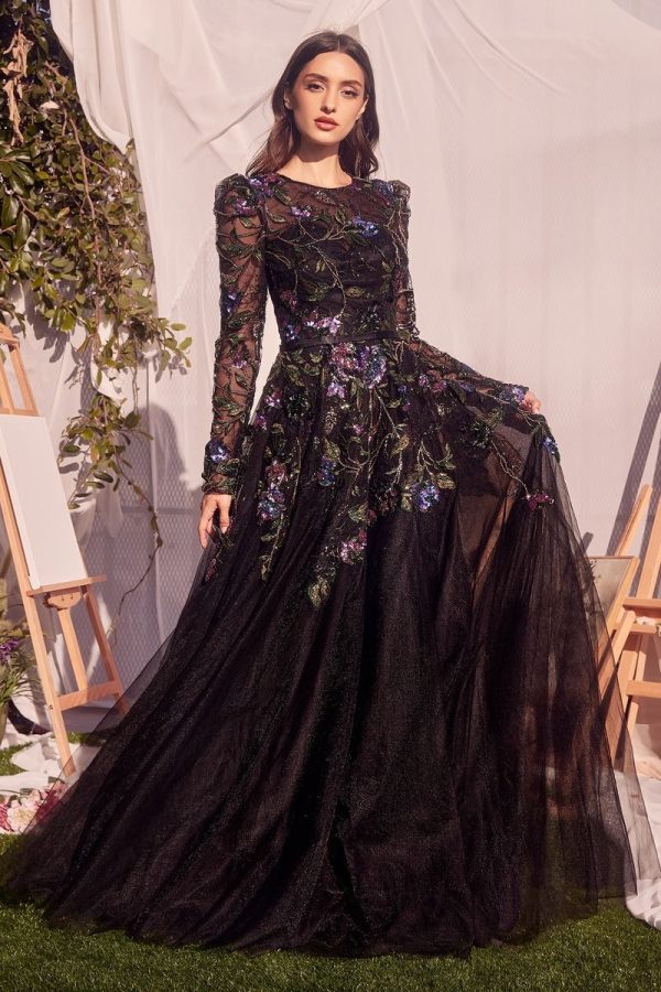 LONG SLEEVE BLACK EMBELLISHED BALL GOWN